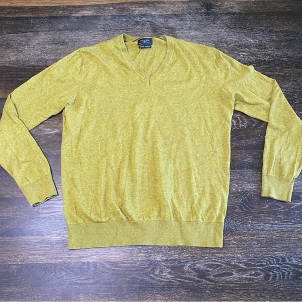 ZARA MAN Green V-neck Pullover Cotton Cashmere Sweater Size-XL‎